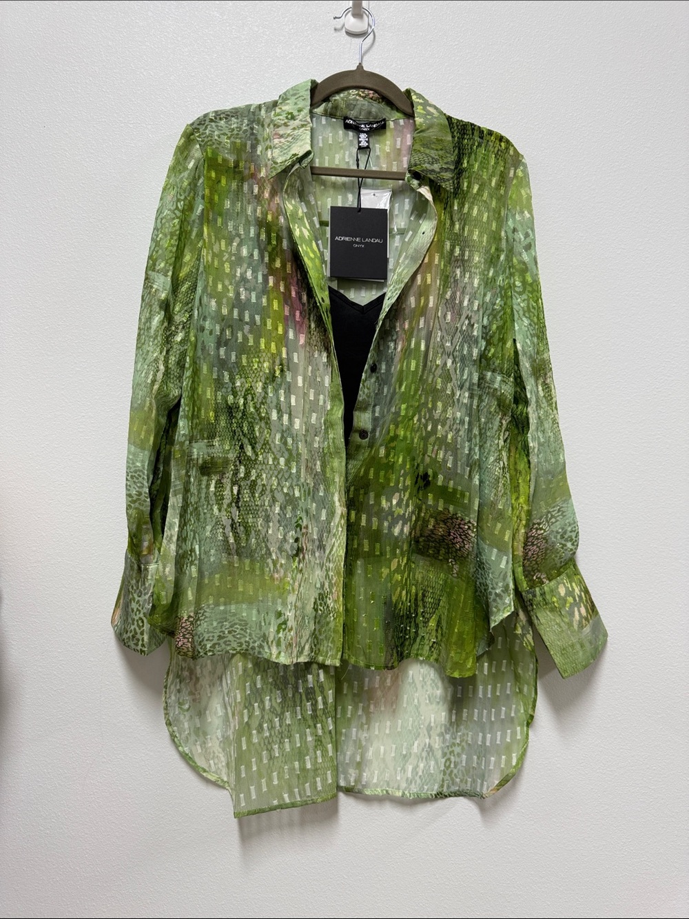 Adrienne Landau Green Print with Gold Thread Sheer Button-Front With Camisole